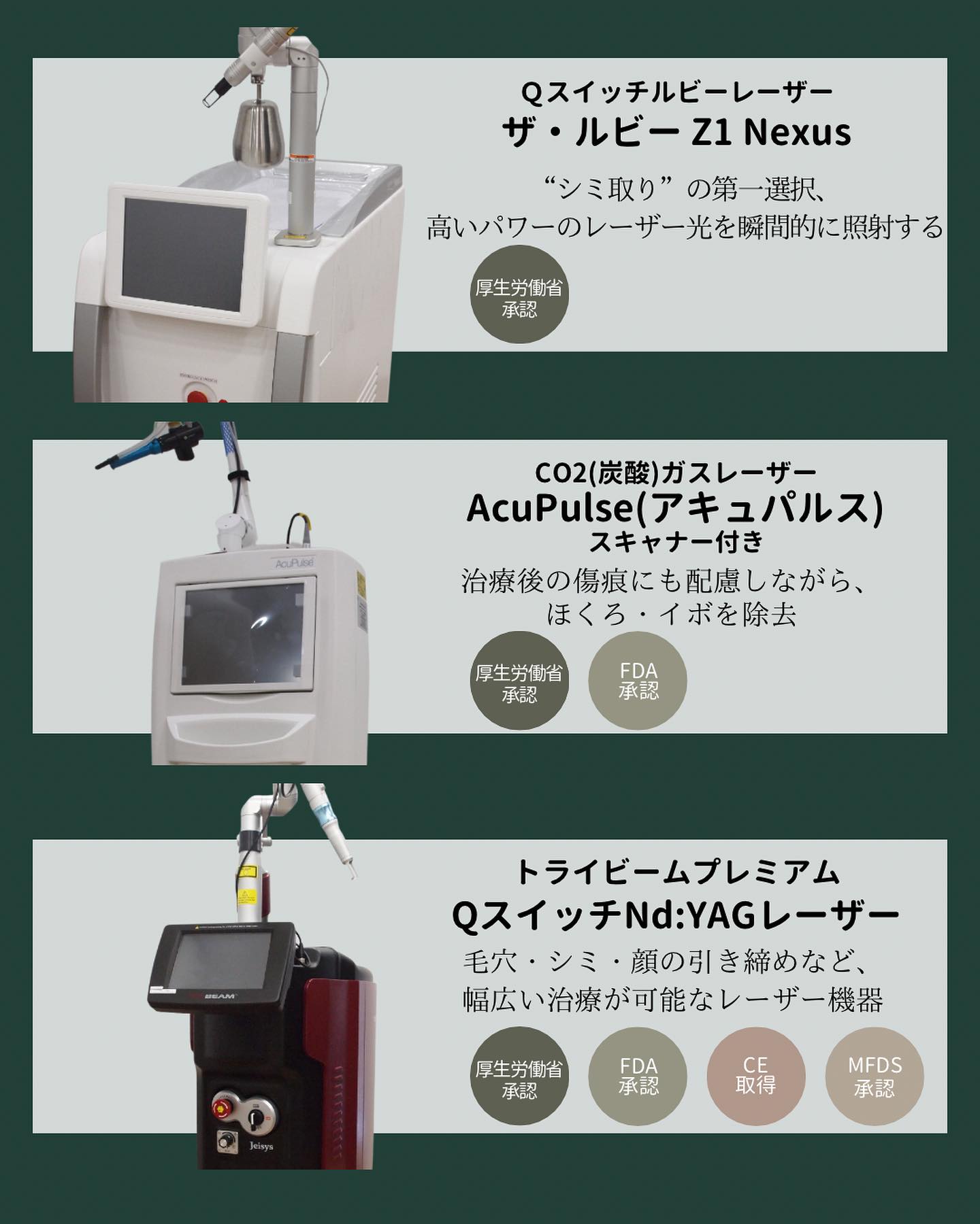 取扱い機器(ザ・ルビーZ1 Nexus、AcuPulse(アキュパルス)、QスイッチNd:YAGレーザー)